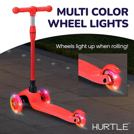 Hurtle Mini Kickboard Scooter for Kids - Height Adjustable 25''-28'', Lightweight 3-Wheel Toddler Scooter with LED Light-up Wheels, Anti-Slip,Indoor/Outdoor Fun for Ages 2-5 (red)