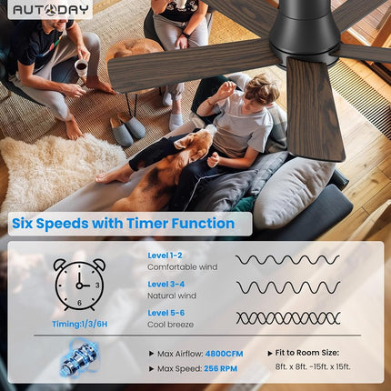 Autoday 42 Inch Low Profile Ceiling Fan with Light, Black Flush Mount Ceiling Fans with Lights and Remote, 6 Speeds, Reversible Quiet DC, 3CCT Dimmable, Indoor/Outdoor Ceiling Fans for Patios Bedroom