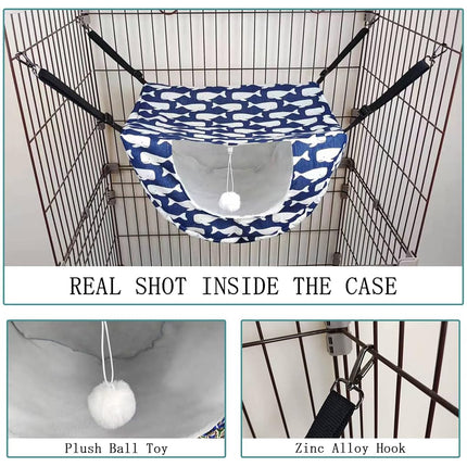 JSPYFITS Cat Cage Hammock with Ball,Double Layer Hanging Adjustable Soft Pet Bed Suit for Kitten Ferret Puppy Rabbit or Small Pet, 2 Level Indoor Bed for All Season(Blue Whale)