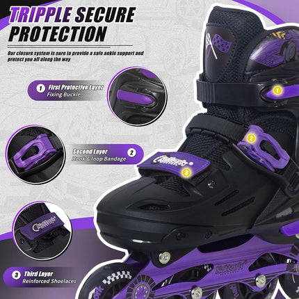 Nattork Kids Inline Skates Adjustable Light up Wheels Blades Roller for Boys Girls- TeenYouth Age 8-12 - Cool Racing Car Decorations Indoor Outdoor Purple