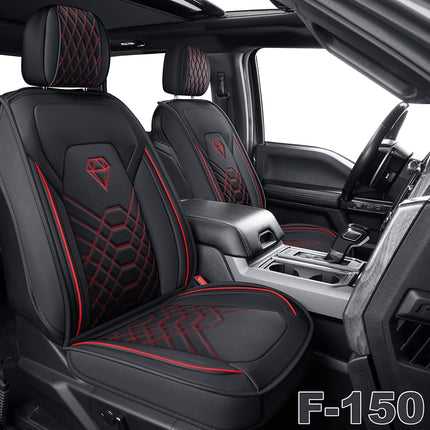 GXT Car Seat Cover Full Set with Waterproof Leather, Automotive Seat Cushion for Pickup Truck Fit for Select 2009-2022 Ford F-150 Models and 2017-2022 F250 F350 F450 Models (Black Red Stripe)