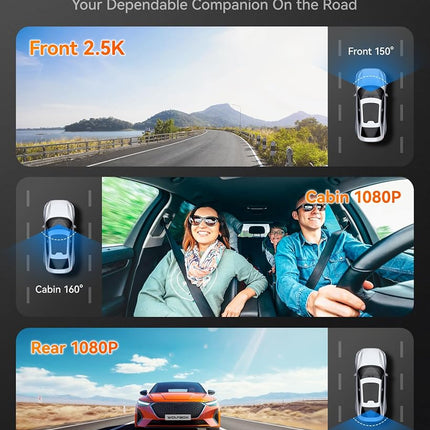 WOLFBOX i07 Dash Cam, 3 Channel Dash Cam Built in WiFi GPS, 4K+1080P Dash Camera Front and Inside, 2K 1440P+1080P+1080P, 3" LCD Super IR Night Vision, 24 Hours Parking Monitor(Card Not Included)