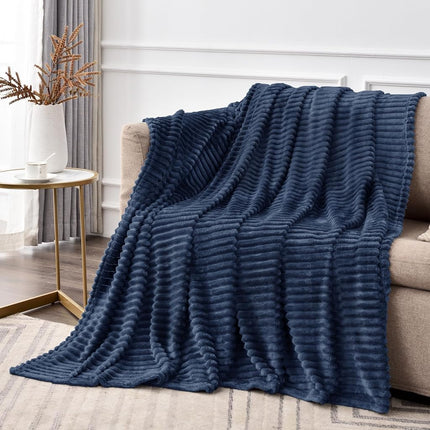 BEDELITE 3D Ribbed Navy Blue Fleece Throw Blanket 