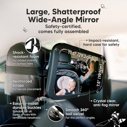 KeaBabies Baby Car Seat Mirror, Wide View, Shatterproof(Matte Black, Large)