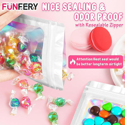 Funfery 100 Pcs Resealable Bags Clear Holographic Bags,Smell Proof Packaging Baggies,Mylar Food Storage Bag,Zipper Sealing Pouch for Coffee Bean,Cookies,Jewelry Sample Small Business(White,7x10in)