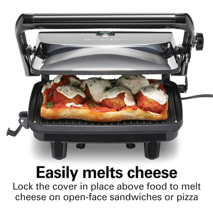 Prensa Panini Eléctrica Hamilton Beach con Tapa de Bloqueo, Apta para Sándwiches de Cualquier Grosor, Placas Antiadherentes de 20.3 x 25.4 cm, Acabado Cromado (25460A)