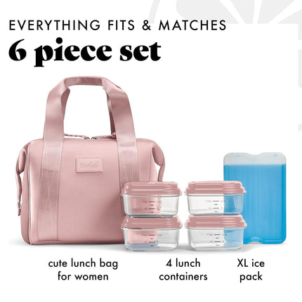 Fit & Fresh Remi Lunch Bag for Women Work – Neoprene Lunch Tote with Containers & Ice Pack, Reusable Meal Prep Lunch Box, Large Capacity, Machine Washable, Mauve