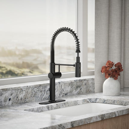 KOHLER 22973-BL Crue Kitchen Sink Faucet with Single Lever Handle, Pre-Rinse Kitchen Faucet, Commercial Faucet, 1 3-Hole Installation, Matte Black