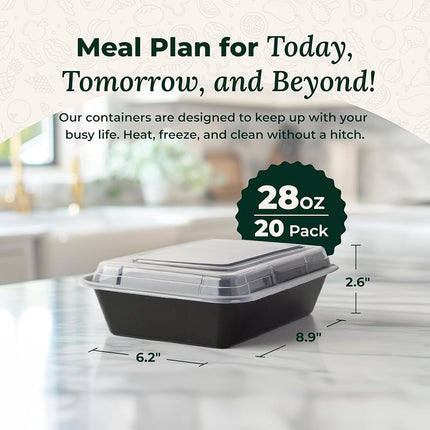 Enther Meal Prep Containers Single 1 Compartment with Lids, Food Storage Bento BPA Free | Stackable | Reusable Lunch Boxes, Microwave/Dishwasher, Freezer Safe,Portion Control (28 oz), Black and Clear