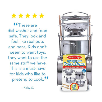 Melissa & Doug Stainless Steel Pots and Pans Pretend Play Kitchen Set for Kids (8 pcs), Silver
