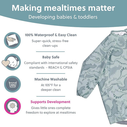 BIBaDO Long Sleeve Waterproof Baby Bib, Dino Roar, 6–36 Months