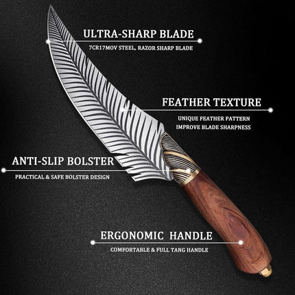 Dream Reach Feather Viking Boning Knife, 6 Inch Professional Viking Knife Meat Cleaver Full Tang with Sheath Gift Box for Outdoor Camping Thanksgiving Gifts for Men Women