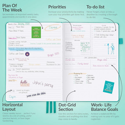 GoGirl Planner PRO - Undated Horizontal Layout Weekly Planner and Organizer + Budgeting and Expense Tracking Pages, Goals Journal & Agenda, 18 x 25.5cm, Hardcover, Lasts 1 Year - Turquoise
