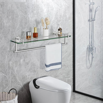 KOCOK 20-Inch Tempered Glass Bathroom Shelf with Towel Bar - Brushed Nickel & Stainless Steel, Wall Mount Rustproof Tower Holder with Shelves