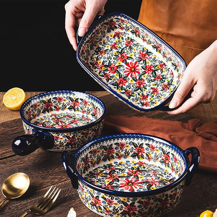 Bicuzat Red Daisy Flower Vintage Style Ceramic Bakeware Casserole Dish Baking Pan Lasagna Pans Baking Dish with Handles for Oven/Cooking/Kitchen-1 PCS, 32 OZ