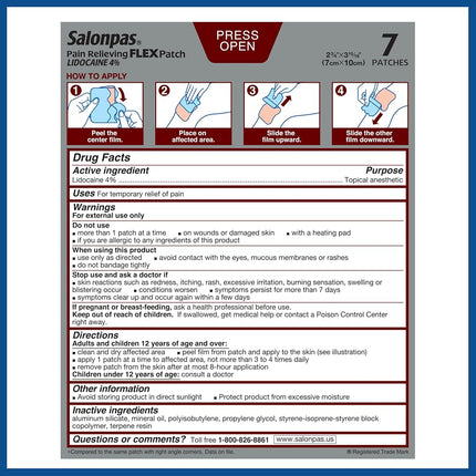 Salonpas Maximum OTC Strength Lidocaine 4% Pain Relieving FLEX Patch, Apply for Up To 8 Hours, Unscented, Thin, Flexible, Lightweight, Patch Stays in Place, 7 Patches