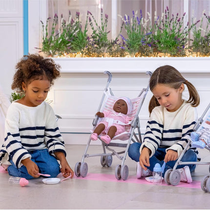 Jc Toys - Umbrella Foldable Pram for Dolls up to 45 cm Ideal for Playing and Walking White and Blue Striped Elephant Decoration Designed by Berenguer, +2 Years Old