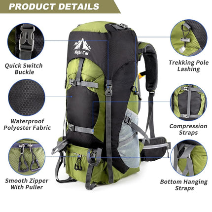 Night Cat Hiking Backpacks 70L Camping Backpacking Packs for Men Women Lightweight Outdoor for Mountaineering Traveling, No Internal Frame