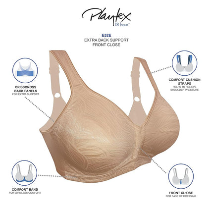 Playtex Women’s 18 Hour Front Close Extra Back Support Wireless Bra, USE52E, White/Light Beige, 2 Pack, 46DD
