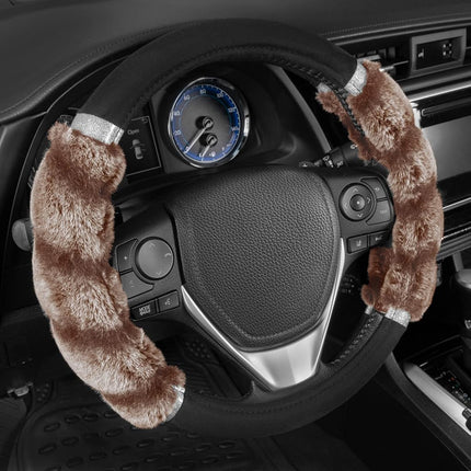BDK Bear Fur Steering Wheel Cover, Plush Faux Fur Fuzzy Steering Cover for Car Truck Van SUV, Standard Size Fits Wheels 14.5 - 15 in Diameter, Two Tone Black / Brown with Glitter