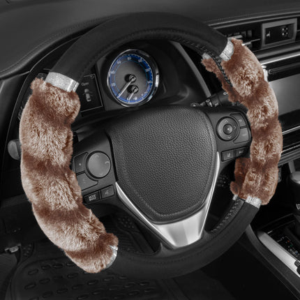 BDK Bear Fur Steering Wheel Cover, Plush Faux Fur Fuzzy Steering Cover for Car Truck Van SUV, Standard Size Fits Wheels 14.5 - 15 in Diameter, Two Tone Black / Brown with Glitter