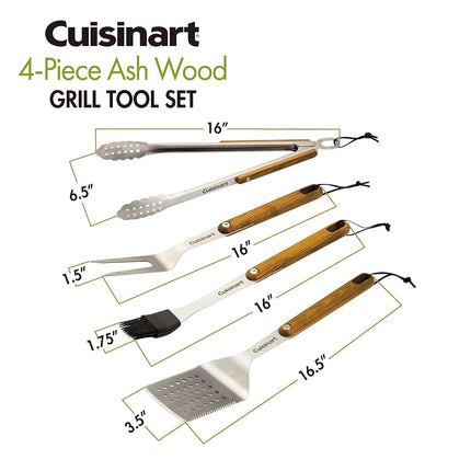 Cuisinart CGS-1100 (Spatula, Locking Tongs, Fork, Basting Brush) 4-Piece Grill Tool Set, Ash Wood Handle