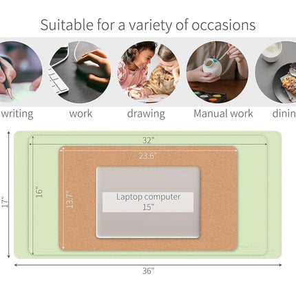RENMTURE Dual-Sided Desk Pad, Natural Cork & PU Leather Large Mouse mats for Office and Home Work, Desk Protector Non-Slip, Waterproof, Easy Clean (Light Green, 36"x17")
