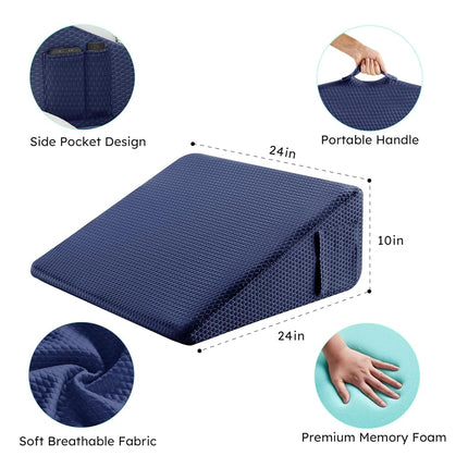 Bedluxe Wedge Pillow, 10 inch Bed Wedge Pillow for Headboard, Pillow Wedge for Acid Reflux Relief, Sleeping, After Surgery, Snoring, Gerd, Triangle Pillow Wedge - Cooling Memory Foam Top, Navy