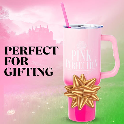 Silver Buffalo Wicked Glinda Pink Perfection Stainless Steel Tumbler with Handle and Straw, Fits in Standard Cup Holder, 40 Ounces