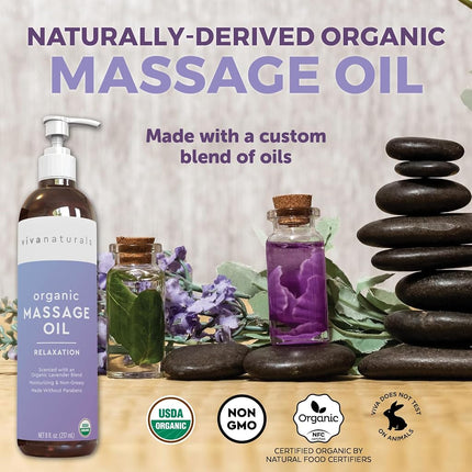 Organic Massage Oil with Lavender Scent (8 fl. oz.) - Non-Greasy Lavender Body Oil with Mess-Free Pump, Perfect for Sleep and Relaxation, Certified Organic and Non-GMO, 237 mL