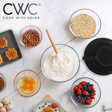 Juego de 12 cuencos de cristal para mezclar con tapas Cook with Color – Cuencos de borosilicato apilables para cocinar, hornear y preparar comidas, negro