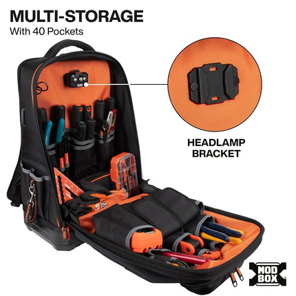 Klein Tools 62809MB MODBox Hard Shell Backpack with Protective Front Shell, 40 Pockets, Laptop Sleeve USB-C Port, MODBox Compatible, Heavy Duty