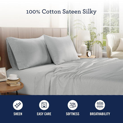 IZOD - Silky Sateen Cotton Sheet Set, Smooth & Buttery Feel, Long-Staple Cotton, Deep Pocket Sheets (300 TC, King/Grey Stripe)