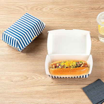 Bio Tek 6.7 x 3.5 x 3.5 Inch Clamshell Food Containers, 100 Disposable Sandwich Containers - Hinged Lid, Tab-Lock Closure, Blue And White Paper Hot Dog Containers, Greaseproof - Restaurantware