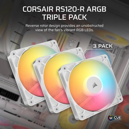 Corsair RS120-R ARGB 120mm PWM ARGB Reverse Fans – Reverse Rotor, +5V Connections, Eight RGB LEDs, High Static Pressure, Daisy-Chain, Magnetic Dome Bearing, Zero RPM Mode – Triple Pack – White
