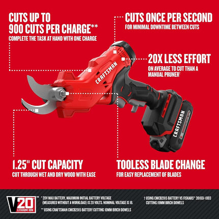 Sécateur électrique sans fil CRAFTSMAN 20 V MAX, batterie et chargeur inclus (CMCPR320C1)