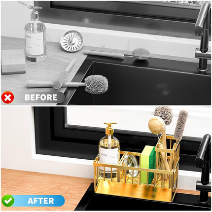 Cisily Gold Kitchen Sink Caddy Organzier with High Brush Holder, Sponge Holder for Sink, 304 Rustproof Stainless, Kitchen Countertop Soap Dispenser Organizer, Home Decor and Accessories