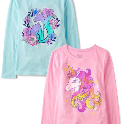 The Children's Place Girls Unicorn Long Sleeve Graphic T-Shirts,Multipacks, Fox/Unicorn 2-Pack, XX-Large