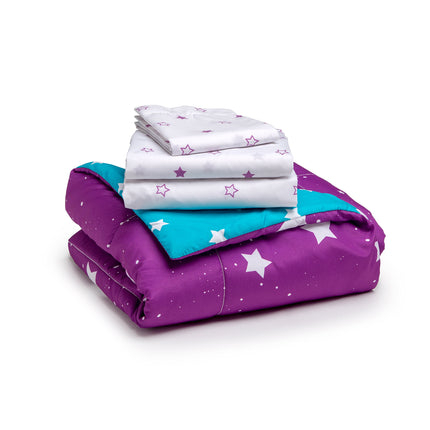 Toddler Bedding Set | Girls 4 Piece Collection | Fitted Sheet, Flat Top Sheet w/ Elastic bottom, Fitted Comforter w/ Elastic bottom, Pillowcase | Delta Children | Girls Starry Night | Purple Stars