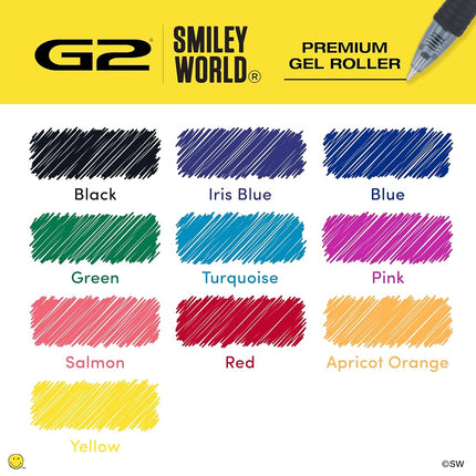 PILOT, G2 Premium Gel Roller Pens, G2 x SmileyWorld® Collection, Write Happier, 10 Pack Pouch, Fine Point 0.7 mm, Assorted