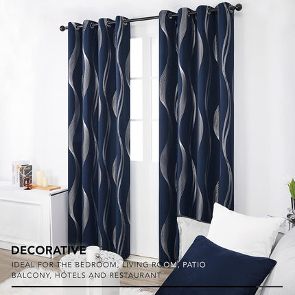 Deconovo Rideaux Occultants à Imprimé Vagues en Aluminium, Rideaux de Fenêtre Isolants Thermiques à Œillets pour Chambre à Coucher, 2 Panneaux, Bleu Marine, 132x274 cm