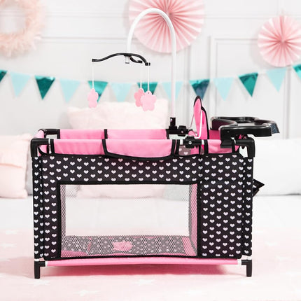 Doll bed with integrated high chair, changing table, mobile, black, pink
