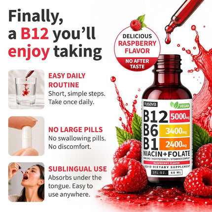 (2 Pack) Vitamin B12 and B6 Liquid Drops, B12 Sublingual Vitamin B Complex - B 12 Vitamin 5000mcg - B12 Methylcobalamin for Energy, Brain, and Heart Support with 27,200 mcg, Raspberry, 80 Servings