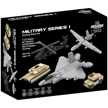 Apostrophe Games 5 Military Building Block Sets (665 Pieces) F-22 Raptor, M1 Abrams Tank, Black Hawk Helicopter, Reaper UAV and Humvee Army Truck Scale Models for Kids and Adults