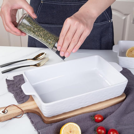 GarveeHome Baking Dishes Set of 3, Ceramic Bakeware Set with Handles, Porcelain Baking Pan Casserole Dishes for Oven and Microwave, Deep Lasagna Pan for Baking, Cooking, Wedding Gift - White