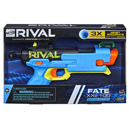 Lanzador Nerf Rival Fate XXII-100, sistema preciso, mira ajustable, carga por la recámara, incluye 3 proyectiles Rival