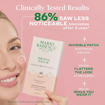 Mario Badescu Drying Patch Blemish Covering, Invisible Spot Treatment, Absorbing All Day Polymer Adhesion with Vitamin C, Vegan & Cruelty Free, Strong Hold (60 Patches, 12mm), Clear