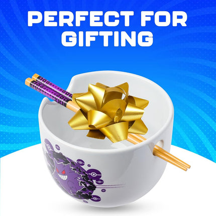 Silver Buffalo Pokémon Gengar Pokeball Tazón de cerámica para fideos ramen/arroz con palillos, apto para microondas, 20 onzas