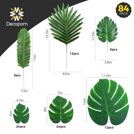 Palm Leaves Artificial Tropical Monstera - 84 Pcs 6 Kinds Large Small Green Fake Palm Leaf Decorations with Stems for Safari Jungle Hawaiian Luau Party Table Decoration Wedding Birthday Theme Party