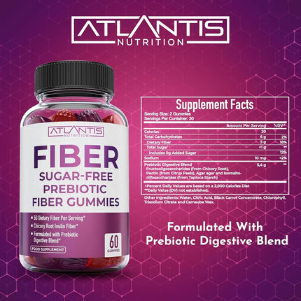 Gomitas de fibra prebiótica sin azúcar para adultos - Suplemento de fibra formulado con 5 g de fibra y 5,4 g de mezcla digestiva prebiótica. Favorece la salud intestinal y promueve una digestión saludable - Paquete de 2 (120 gomitas)